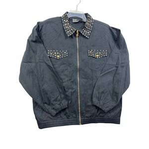 EVR Womens Black Studded Collar Zip Up Jacket‎ Star Charm Embellished Pockets XL